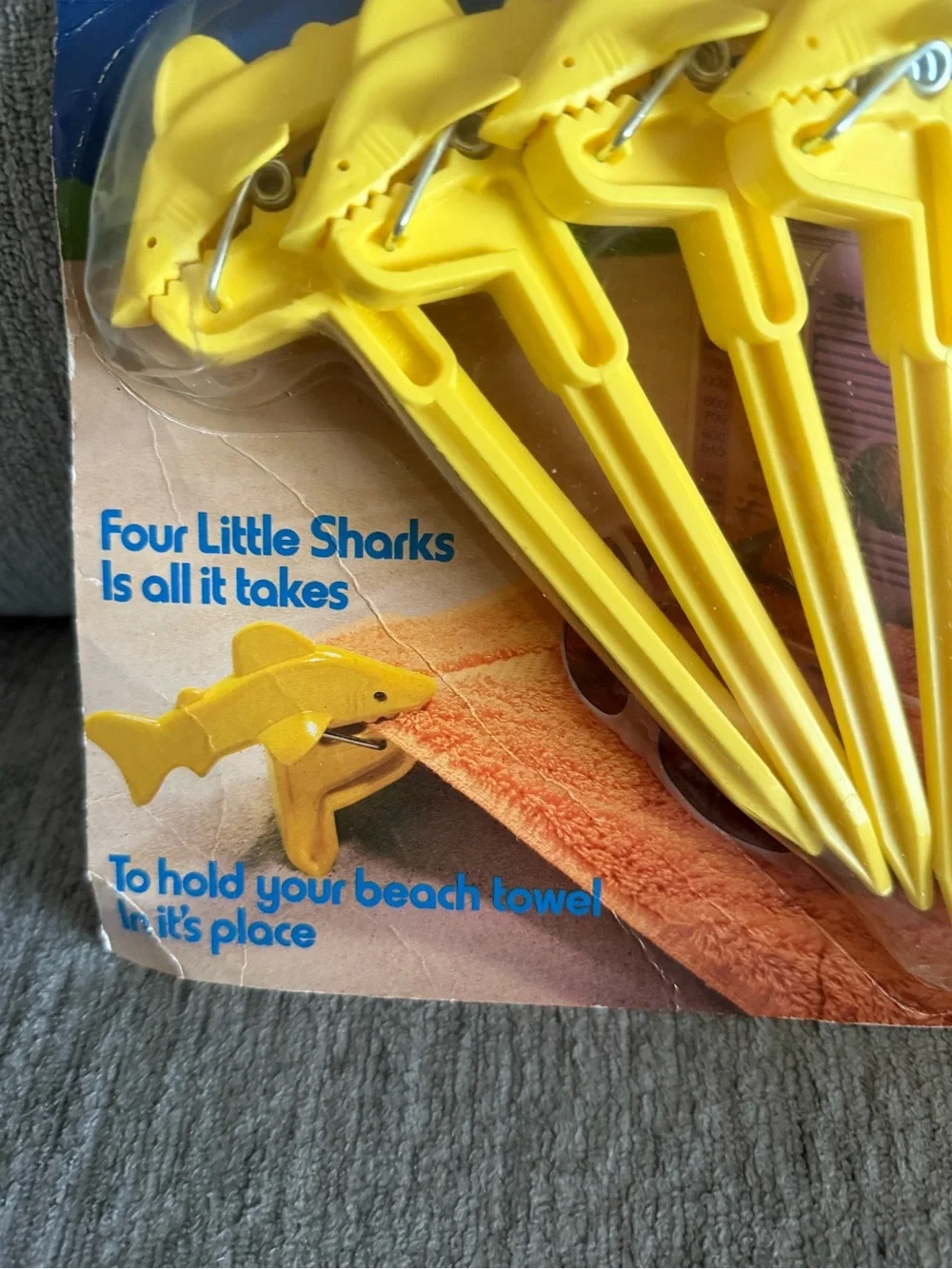 Vintage 1980s package 4 of Sand Sharks Sand Spikes for beach towel. MADE IN USA.